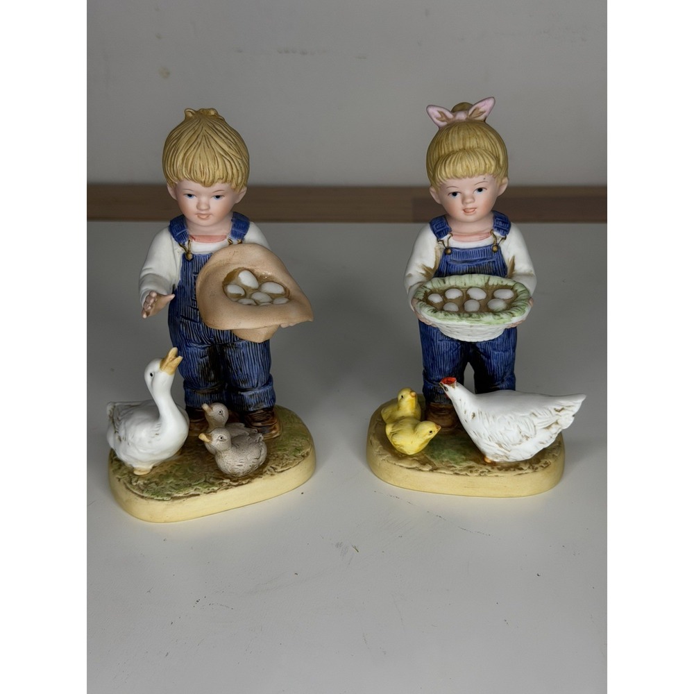 Homco Home Interiors Denim Days #1509 Gathering Eggs Porcelain Figurine Set